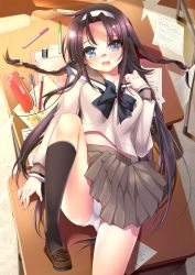 Rule 34 | 1girl, :o, black bow, black bowtie, black hair, blue eyes, blush, bow, bowtie, braid, crotch seam, eraser, from above, glasses, headband, highres, leg up, long sleeves, looking at viewer, lying, mechanical pencil, notebook, on back, on table, open mouth, original, panties, pantyshot, paper, pencil, pencil case, pleated skirt, room603, sailor collar, school uniform, serafuku, shirt, skirt, solo, sunlight, table, teeth, underwear, white panties, white shirt