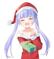 Rule 34 | 1girl, blush, box, closed eyes, foreshortening, gift, gift box, haru (konomi 150), hat, highres, holding, holding gift, long hair, long sleeves, new game!, off shoulder, open mouth, petite, pom pom (clothes), purple eyes, purple hair, red hat, santa costume, santa hat, simple background, smile, solo, suzukaze aoba, twintails, upper body, white background