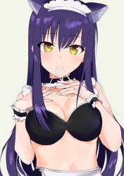 Rule 34 | 1girl, alternate costume, animal ears, black bra, black choker, black hair, black wrist cuffs, blush, bra, bra in mouth, breast hold, breasts, cat ears, choker, cleavage, closed mouth, clothes in mouth, collar, detached collar, enmaided, eyelashes, eyes visible through hair, frilled bra, frilled cuffs, frills, grey background, hair between eyes, hands up, kushima kamome, large breasts, long hair, looking at viewer, maid, maid headdress, navel, sidelocks, simple background, smile, solo, stomach, straight-on, straight hair, string in mouth, summer pockets, underwear, upper body, very long hair, white collar, wrist cuffs, yellow eyes, zenoo