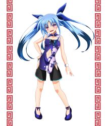 Rule 34 | 1girl, :d, black hair, black shorts, blue bow, blue footwear, blue hair, blush, bow, breasts, china dress, chinese clothes, cleavage, clothing cutout, dress, fang, floating hair, full body, hair between eyes, hair bow, hand on own hip, high heels, highres, long hair, looking at viewer, lyrical nanoha, mahou shoujo lyrical nanoha, mahou shoujo lyrical nanoha a&#039;s, mahou shoujo lyrical nanoha a&#039;s portable: the battle of aces, levi the slasher, medium breasts, midriff, multicolored hair, navel, open mouth, oshimaru026, print dress, pumps, purple dress, purple eyes, shorts, sleeveless, sleeveless dress, smile, solo, stomach, stomach cutout, twintails, two-tone hair, very long hair, white background, wrist cuffs
