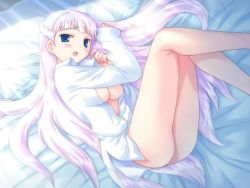 Rule 34 | 1girl, battlenote, bed, blue eyes, blush, bottomless, braid, breasts, galzoo island, game cg, large breasts, legs, long hair, lying, mutsumi masato, no bra, no panties, open clothes, open mouth, open shirt, shirt, solo, underboob, very long hair, white hair