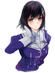 Rule 34 | 1girl, 73suke, absurdres, black hair, brown eyes, commentary request, cropped torso, gloves, haguro (kancolle), haguro kai ni (kancolle), hair ornament, hand on own face, highres, kantai collection, looking at viewer, short hair, simple background, solo, talking on phone, upper body, white background, white gloves