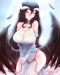 Rule 34 | 1girl, albedo (overlord), bare shoulders, black feathers, black hair, black wings, blush, breasts, cleavage, demon horns, dress, feathered wings, feathers, full-face blush, gloves, hair between eyes, highres, hip vent, horns, large breasts, long hair, looking at viewer, low wings, mcdobo, overlord (maruyama), slit pupils, solo, white dress, white gloves, white horns, wings, yellow eyes