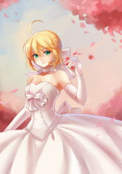 Rule 34 | 1girl, ahoge, alternate costume, artoria pendragon (all), artoria pendragon (fate), bare shoulders, blonde hair, blush, bow, breasts, choker, cleavage, cloud, dress, elbow gloves, fate/stay night, fate (series), flower, gloves, green eyes, hair bow, lips, looking at viewer, petals, riku (lingsky), saber (fate), sky, small breasts, smile, solo, tree