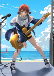 1girl absurdres bird blue_eyes brown_hair english_text full_body fur-trimmed_jacket fur_trim girls_band_cry guitar highres holding holding_guitar holding_instrument instrument iseri_nina jacket lighthouse long_sleeves looking_at_viewer medium_hair microphone microphone_stand ocean open_clothes open_jacket sand seagull shirt shoes short_sleeves short_twintails skirt sky sneakers socks sun twintails user_rcvt7558 white_shirt white_socks