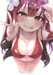 Rule 34 | absurdres, bikini, black jacket, blush, breasts, collarbone, flower, hair between eyes, hands up, heart-shaped sunglasses, highres, hololive, houshou marine, jacket, large breasts, leaning forward, long hair, mutsumi326, navel, off-shoulder jacket, off shoulder, red bikini, red hair, simple background, sunglasses, swimsuit, tongue, tongue out, twintails, v, virtual youtuber, wet, white background