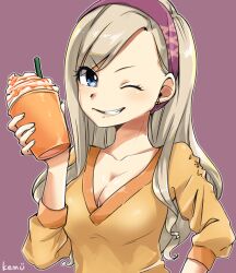Rule 34 | 1girl, artist name, blonde hair, blue eyes, breasts, cappuccino, cleavage, closed mouth, commentary, cup, earrings, eden&#039;s zero, grin, hairband, highres, holding, holding cup, jewelry, kemu baado, long hair, long sleeves, looking at viewer, medium breasts, one eye closed, orange shirt, purple background, purple hairband, rebecca bluegarden, shirt, signature, simple background, smile, smirk, solo, swept bangs, upper body, v-neck