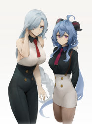 Rule 34 | 2girls, absurdres, ahoge, alternate costume, bare shoulders, blue hair, breasts, closed mouth, contemporary, dokshuri, expressionless, ganyu (genshin impact), genshin impact, hand in own hair, high-waist pants, highres, horns, large breasts, long hair, looking at viewer, medium breasts, multiple girls, necktie, pants, pantyhose, purple eyes, shenhe (genshin impact), simple background, skirt, smile, standing, suspender skirt, suspenders, white background