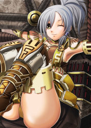Rule 34 | 1girl, armor, boots, capcom, character request, grey hair, monster hunter (series), monster hunter frontier, one eye closed, ponytail, smile, solo, thigh boots, thighhighs, v-mag, wink, yellow eyes