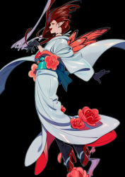 Rule 34 | 1girl, absurdres, black background, black choker, black gloves, brown hair, choker, covered mouth, earrings, fairy wings, flower, from side, gloves, grey kimono, high heels, highres, japanese clothes, jewelry, kimono, long sleeves, looking at viewer, looking to the side, obi, original, pointy ears, red flower, red footwear, sash, simple background, solo, umishima senbon, wings