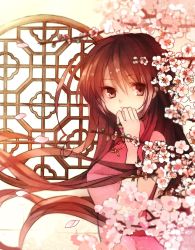 Rule 34 | 1girl, ahoge, axis powers hetalia, bare shoulders, blurry, blush, branch, brown eyes, brown hair, cherry blossoms, china dress, chinese clothes, depth of field, dress, expressionless, flower, hair between eyes, hand to own mouth, highres, huge ahoge, lips, long hair, looking at viewer, petals, pink dress, q-chiang, round window, sleeveless, sleeveless dress, solo, taiwan (hetalia), upper body, window