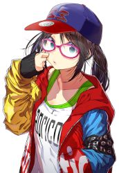 Rule 34 | 1girl, black hair, blue eyes, collarbone, colorful, glasses, hand in pocket, hand on own cheek, hand on own face, hat, highres, hood, hoodie, idolmaster, idolmaster shiny colors, lips, long hair, looking at viewer, mitsumine yuika, simple background, solo, tank top, twintails, upper body, white background, yae (mono110)