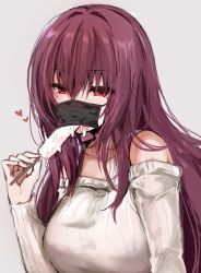 Rule 34 | 1girl, blush, breasts, commentary request, eyes visible through hair, fate/grand order, fate (series), fellatio, food, grey background, hair intakes, heart, large breasts, long hair, looking at viewer, mafuyu (kanden shoujyo), mask, mouth mask, off-shoulder sweater, off shoulder, popsicle, purple hair, red eyes, scathach (fate), scathach (fate), sexually suggestive, simple background, simulated fellatio, solo, sweater