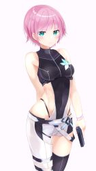 Rule 34 | 1girl, absurdres, asymmetrical clothes, bare arms, bare shoulders, black leotard, black thighhighs, breasts, closed mouth, commentary request, covered navel, date (mamanonamaebot), green eyes, gun, highleg, highres, holding, holding gun, holding weapon, leotard, medium breasts, nijisanji, pants, pink hair, short hair, simple background, single pantsleg, single thighhigh, solo, thighhighs, virtual youtuber, weapon, white background, white pants, yuuhi riri, yuuhi riri (4th costume)