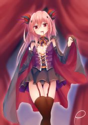 Rule 34 | 10s, 1girl, alternate costume, black gloves, black panties, black skirt, black thighhighs, blood, blood from mouth, breasts, cape, elbow gloves, fangs, fingerless gloves, garter straps, gloves, gothic lolita, hair ornament, highres, krul tepes, lolita fashion, long hair, looking at viewer, no bra, owari no seraph, panties, pink hair, piripun, pointy ears, red eyes, skirt, small breasts, smile, solo, thigh gap, thighhighs, underwear, vampire, very long hair