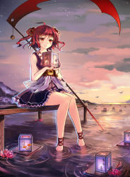 Rule 34 | 1girl, adapted costume, alternate weapon, ankle cuffs, anklet, barefoot, coin, female focus, flower, g.h (gogetsu), gogetu, hair bobbles, hair ornament, highres, jewelry, lantern, lantern on liquid, obi, onozuka komachi, paper lantern, red eyes, red hair, sash, scythe, short hair, sitting, skirt, sleeveless, smile, soaking feet, solo, touhou, twintails, two side up, water, weapon