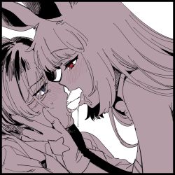 Rule 34 | 2girls, after kiss, animal ears, black eyes, face-to-face, fate/grand order, fate (series), gloves, hands on another&#039;s cheeks, hands on another&#039;s face, limited palette, looking at another, multiple girls, open mouth, profile, rabbit ears, red eyes, riyo servant (babydoll) (fate), riyo servant (bunnygirl) (fate), saliva, saliva trail, tearing up, tongue, tongue out, translation request, upper body, white background, yukataro, yuri