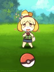 Rule 34 | 10s, 1girl, animal crossing, animal ears, artist name, bell, blonde hair, blue sky, blush, brown eyes, cloud, cloudy sky, creatures (company), dated, day, dog ears, dog girl, dog tail, fidgeting, forest, furry, furry female, game freak, gameplay mechanics, hair ornament, isabelle (animal crossing), looking at viewer, motion lines, nature, nervous, nintendo, open mouth, outdoors, poke ball, poke ball (basic), pokemon, pokemon go, shigatake, skirt, sky, solo, tail, topknot, tree