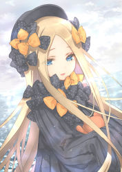 Rule 34 | 1girl, :d, abigail williams (fate), black bow, black dress, black hat, blonde hair, blue eyes, blue sky, bow, cloud, cloudy sky, commentary request, day, dress, dutch angle, fate/grand order, fate (series), forehead, hair bow, hat, horizon, hugging object, kawaku, long hair, long sleeves, looking away, looking down, ocean, open mouth, orange bow, outdoors, parted bangs, polka dot, polka dot bow, sky, sleeves past fingers, sleeves past wrists, smile, solo, stuffed animal, stuffed toy, teddy bear, upper body, very long hair, water