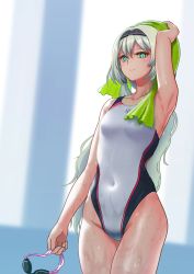 Rule 34 | 1girl, an-94 (girls&#039; frontline), aqua eyes, commentary request, competition swimsuit, covered navel, cowboy shot, girls&#039; frontline, goggles, unworn goggles, highres, long hair, looking at viewer, multicolored clothes, multicolored swimsuit, one-piece swimsuit, solo, standing, strap slip, swimsuit, tomtom drawing, towel, white hair, white one-piece swimsuit