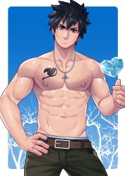 Rule 34 | 1boy, belt, black eyes, black hair, chest tattoo, closed mouth, cross, cross necklace, fairy tail, gray fullbuster, hand on own hip, heart, highres, ice, jewelry, looking at viewer, male focus, maorenc, navel, necklace, nipples, pants, topless male, short hair, solo, tattoo, toned, toned male