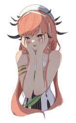 Rule 34 | 1girl, absurdres, arknights, bare shoulders, binware, blush, cropped torso, erato (arknights), feather hair, hands on own face, hat, highres, long hair, looking at viewer, orange eyes, pink hair, shirt, simple background, sleeveless, sleeveless shirt, solo, upper body, white background, white hat, white shirt
