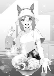 Rule 34 | 1girl, absurdres, animal ears, blush, bowl, breasts, comiket 101, commentary request, fine motion (umamusume), food, hair between eyes, hair ornament, highres, horse ears, horse tail, looking at viewer, medium breasts, medium hair, monochrome, noodles, ramen, solo, sparkle, steam, sweat, tail, umamusume, yamoge