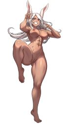 Rule 34 | 1girl, :d, abs, absurdres, animal ears, armpits, bare shoulders, barefoot, boku no hero academia, breasts, censored, commentary, commission, completely nude, dark-skinned female, dark skin, english commentary, feet, fingernails, full body, gluteal fold, grey background, hands up, highres, knee up, large breasts, legs, long eyelashes, long hair, looking at viewer, mirko, mosaic censoring, navel, nipples, nude, open mouth, parted bangs, pussy, rabbit ears, rabbit girl, red eyes, simple background, smile, solo, standing, standing on one leg, stomach, teeth, thick thighs, thighs, toenails, toes, toned, very long hair, white hair, zantyarz