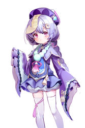 Rule 34 | 1girl, absurdres, ansan ey, bead necklace, beads, blush, braid, coin, coin hair ornament, genshin impact, hair between eyes, hair ornament, hat, highres, jewelry, long sleeves, looking at viewer, necklace, purple eyes, purple hair, purple hat, qingdai guanmao, qiqi (genshin impact), solo, talisman, thighhighs, white thighhighs, wide sleeves