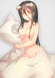 Rule 34 | 1girl, absurdres, albedo (overlord), bad id, bad pixiv id, black hair, breasts, cleavage, convenient censoring, dakimakura (object), groin, hair censor, hair over breasts, highres, horns, long hair, looking at viewer, navel, nude, overlord (maruyama), pillow, qiongsheng, smile, solo, yellow eyes