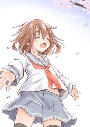 Rule 34 | 10s, 1girl, blush, branch, brown hair, cherry blossoms, commentary, closed eyes, fang, fujishima shinnosuke, hair ornament, hairclip, ikazuchi (kancolle), kantai collection, navel, neckerchief, open mouth, red neckerchief, school uniform, serafuku, short hair, skirt, smile, solo, thighhighs, wind