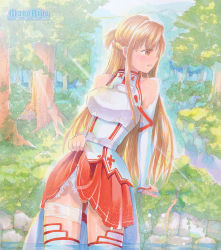Rule 34 | 10s, 1girl, arm support, armor, asuna (sao), bandages, blonde hair, blurry, blush, breastplate, breasts, clothes lift, depth of field, elbow gloves, forest, gloves, leaning back, light rays, long hair, looking away, mayo riyo, nature, open mouth, orange eyes, outdoors, pleated skirt, skirt, skirt lift, solo, standing, submerged, sunbeam, sunlight, sword art online, thighhighs, traditional media, tree, water, wet, white thighhighs