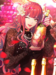 Rule 34 | 1other, anne faulkner, bae (paradox live), black dress, dress, highres, long hair, long sleeves, looking at viewer, official alternate costume, official art, one eye closed, paradox live, petals, pink hair, pink nails, red lips, rose petals, yellow eyes
