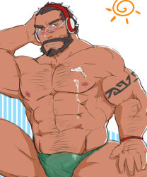Rule 34 | 1boy, abs, bara, beard, blush, bulge, chest hair, cum, cum on body, cum on male, cum on pectorals, dark-skinned male, dark skin, facial hair, feet out of frame, glasses, glensaru, graves (league of legends), green male swimwear, highres, implied yaoi, large pectorals, league of legends, looking at viewer, male focus, male swimwear, mature male, muscular, muscular male, navel, navel hair, nipples, official alternate costume, pectorals, short hair, solo, stomach, swim briefs, thick thighs, thighs, topless male