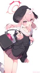 Rule 34 | 1girl, anger vein, bag, black bag, black shirt, black wings, blue archive, commentary, commentary request, hair between eyes, halo, highres, index finger raised, koharu (blue archive), long sleeves, looking at viewer, neckerchief, off-shoulder shirt, off shoulder, open mouth, pink eyes, pink hair, pink neckerchief, red halo, red skirt, roin, sailor collar, school uniform, serafuku, shirt, simple background, skirt, solo, spoken anger vein, thighs, twintails, twitter username, white background, white sailor collar, winged hat, wings