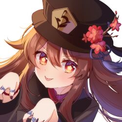 Rule 34 | 168 azusa, 1girl, :p, bead bracelet, beads, black hat, black nails, bracelet, brown coat, brown hair, coat, flower, flower-shaped pupils, genshin impact, hair between eyes, hat, hat flower, hat tassel, highres, hu tao (genshin impact), jewelry, long hair, long sleeves, looking at viewer, orange eyes, portrait, simple background, solo, symbol-shaped pupils, tongue, tongue out, twintails, white background