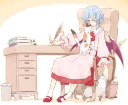 Rule 34 | 1girl, alternate costume, animal, bat wings, blue hair, book, cat, chair, cup, drawer, closed eyes, female focus, long sleeves, mary janes, puffy sleeves, quill, remilia scarlet, sakuraba yuuki, shoes, short hair, sitting, smile, solo, table, touhou, trash can, wings