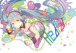 Rule 34 | 1girl, aqua eyes, aqua hair, bow, cable, chinese commentary, collarbone, commentary, corded phone, detached collar, dress, floating, full body, hair bow, hatsune miku, headphones, hhhhhoi, holding, holding phone, leaning forward, long hair, phone, purple thighhighs, redial (vocaloid), smile, solo, song name, spaghetti strap, thighhighs, title, triangle, twintails, very long hair, vocaloid, white dress, wrist cuffs