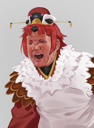 Rule 34 | 1girl, absurdres, benienma (fate), commentary, english commentary, fate/grand order, fate (series), feathers, gordon ramsay, grey background, headwear request, highres, japanese clothes, jun (rand), kimono, meme, open mouth, parody, parted bangs, red hair, short hair, shouting, sidelocks, solo, trait connection, upper body, wide sleeves, wrinkled skin