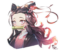 Rule 34 | 1girl, absurdres, animal ears, bamboo, bell, bit gag, black hair, bleble, cat ears, commentary, cropped shoulders, english commentary, eyelashes, floating hair, gag, gagged, hair bell, hair ornament, haori, highres, japanese clothes, kamado nezuko, kemonomimi mode, kimetsu no yaiba, kimono, long hair, looking at viewer, pink eyes, pink kimono, pink ribbon, red ribbon, ribbon, simple background, solo, white background