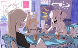 Rule 34 | 3girls, absurdres, alternate costume, animal ear fluff, animal ears, black shirt, blonde hair, blue archive, blush, bottle, breasts, can, cellphone, chair, closed eyes, closed mouth, feathered wings, food, grey hair, halo, highres, holding, holding phone, korean commentary, long hair, medium breasts, mika (blue archive), multiple girls, nagisa (blue archive), nangnangnang, open mouth, phone, pink hair, seia (blue archive), shirt, short sleeves, smartphone, table, tank top, tea party (blue archive), tears, white wings, wings