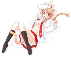 Rule 34 | 00s, 1girl, animal ears, blush, breasts, cat ears, cat tail, cleavage, glasses, harmonia, hasegawa chisame, in heat, long hair, mahou sensei negima!, medium breasts, necktie, open clothes, open shirt, plaid, plaid skirt, ponytail, shirt, skirt, solo, tail