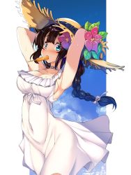 Rule 34 | 1girl, armpits, arms behind head, arms up, black hair, blue eyes, blue sky, blush, braid, braided ponytail, breasts, choker, cleavage, covered navel, day, dress, flower, food, food in mouth, frilled dress, frills, hair flower, hair ornament, hair ribbon, hat, hat flower, highres, kantai collection, large breasts, letterboxed, petals, popsicle, popsicle stick, ribbon, shigure (kancolle), single braid, sky, solo, standing, sun hat, sweat, torisan, white dress