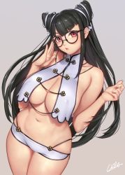 Rule 34 | 1girl, adjusting eyewear, bare shoulders, black hair, breasts, cleavage, closed mouth, commentary request, covered erect nipples, fingernails, glasses, grey background, large breasts, lips, long hair, looking at viewer, masami chie, midriff, navel, original, red eyes, shorts, sidelocks, signature, simple background, solo, white hair