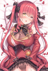 Rule 34 | 1girl, blush, breasts, cleavage, clothes lift, dress, dress lift, heterochromia, highres, hololive, houshou marine, large breasts, on bed, panties, pillow, red eyes, red hair, see-through, shirakawako, solo, twintails, underwear, virtual youtuber, yellow eyes