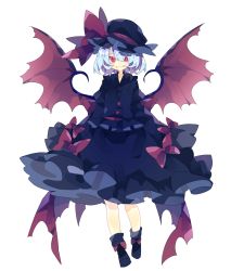 Rule 34 | 1girl, alternate color, back bow, bat wings, black footwear, black hat, black shirt, black skirt, blue hair, bow, commentary, fang, footwear bow, full body, grin, hat, hat bow, highres, long sleeves, looking at viewer, mob cap, nikorashi-ka, red bow, red eyes, remilia scarlet, shirt, shoes, short hair, simple background, skirt, smile, solo, touhou, white background, wings