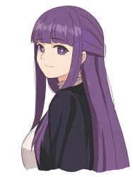 Rule 34 | 1girl, blunt bangs, commentary, fern (sousou no frieren), from side, highres, long hair, looking at viewer, looking to the side, purple eyes, purple hair, sakata s2023, simple background, smile, solo, sousou no frieren, upper body, white background