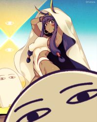 Rule 34 | 1girl, animal ears, armpits, arms up, blush, breasts, competition swimsuit, covered erect nipples, covered navel, dark-skinned female, dark skin, earrings, facial mark, fate (series), fishine, hair between eyes, hairband, hoop earrings, jackal ears, jewelry, large breasts, long hair, looking at viewer, medjed (fate), nitocris (fate), nitocris (fate/grand order), nitocris (swimsuit assassin) (fate), nitocris (swimsuit assassin) (second ascension) (fate), one-piece swimsuit, purple eyes, purple hair, sidelocks, sweat, swimsuit, very long hair, white one-piece swimsuit