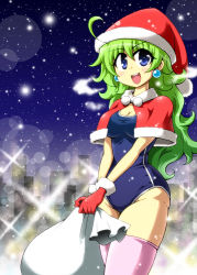Rule 34 | 1girl, blue eyes, character request, cityscape, green hair, hat, hip focus, kousei (public planet), long hair, night, night sky, one-piece swimsuit, one eye closed, original, publicplanet, sack, santa hat, school swimsuit, sky, snow, solo, source request, swimsuit, thighhighs, wide hips, wink
