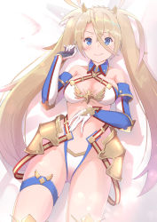 Rule 34 | 1girl, armor, bare shoulders, bikini, blonde hair, blue eyes, blush, bradamante (fate), bradamante (third ascension) (fate), braid, breasts, cleavage, commentary request, cowboy shot, elbow gloves, fate/grand order, fate (series), faulds, french braid, gloves, highres, kusubii, long hair, looking at viewer, multicolored background, navel, single tooth, smile, solo, standing, swimsuit, thigh strap, twintails, very long hair